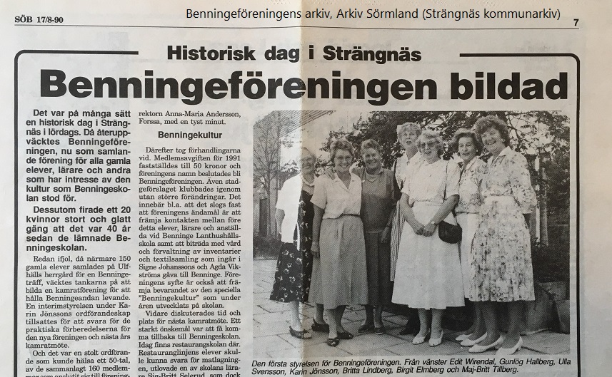 Tidningsartikel om bildandet av Benningeföreningen 1990, ur föreningens arkiv