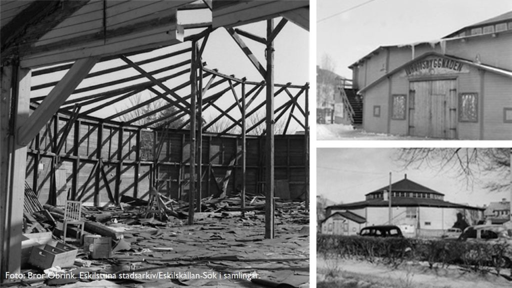 Tre svartvita bilder som visar Bygget, en av dem porten, en annan från gatan och den tredje från rivningen. Foto: Bror Öbrink. Eskilstuna stadsarkiv/Eskilskällan - Sök i samlingar.